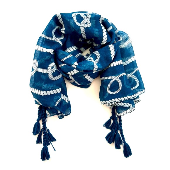 Nautical Blue and White Scarf/Beach Coverup with Tassels - Picture 2 of 10